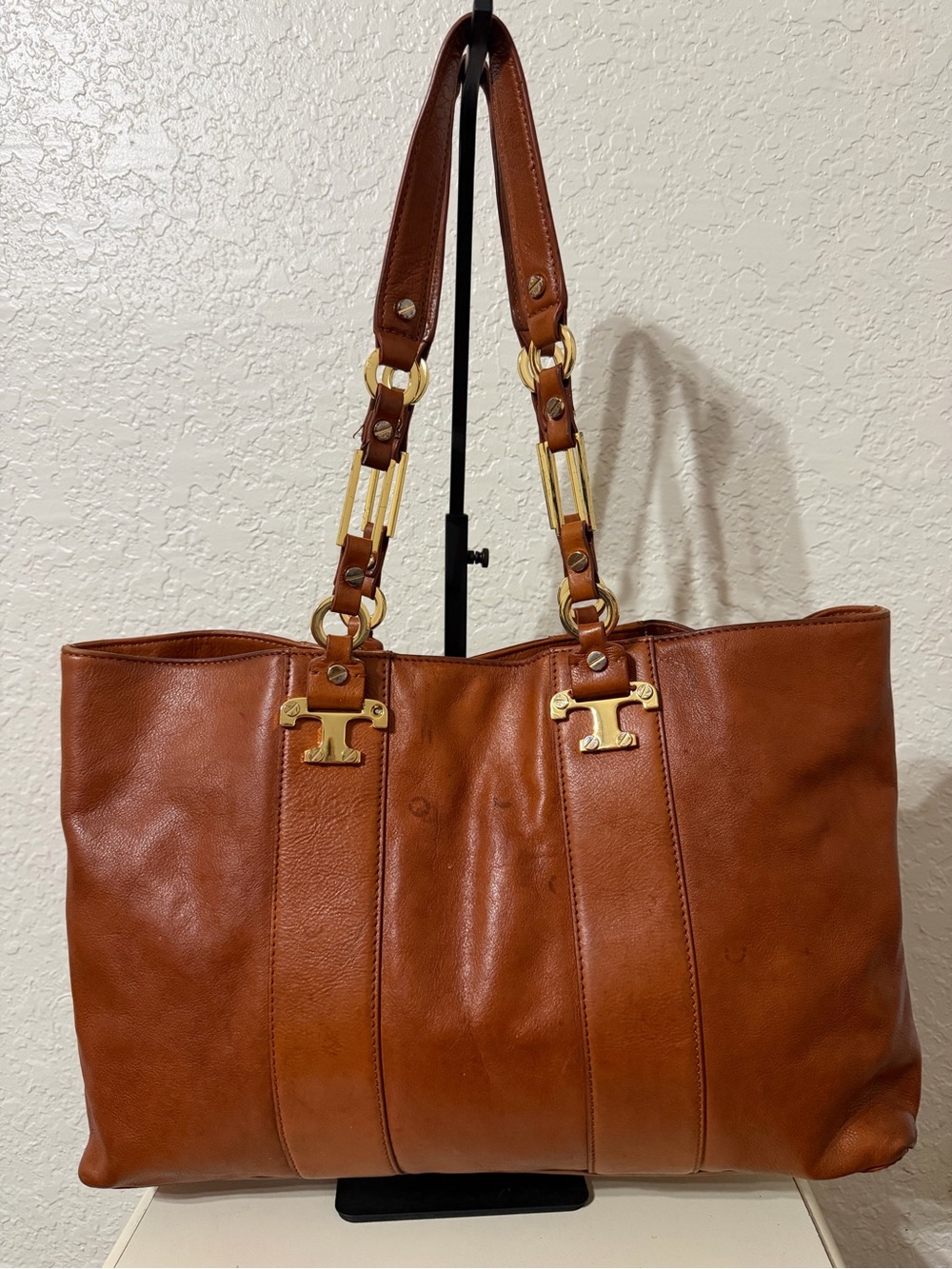 Tory Burch Cognac Leather Tote with Gold Hardware